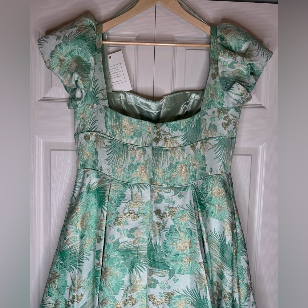 NWT MAC DUGGAL # 68276 Floral Print Puff Sleeve High Low Brocade Gown Size 14 - Picture 9 of 10